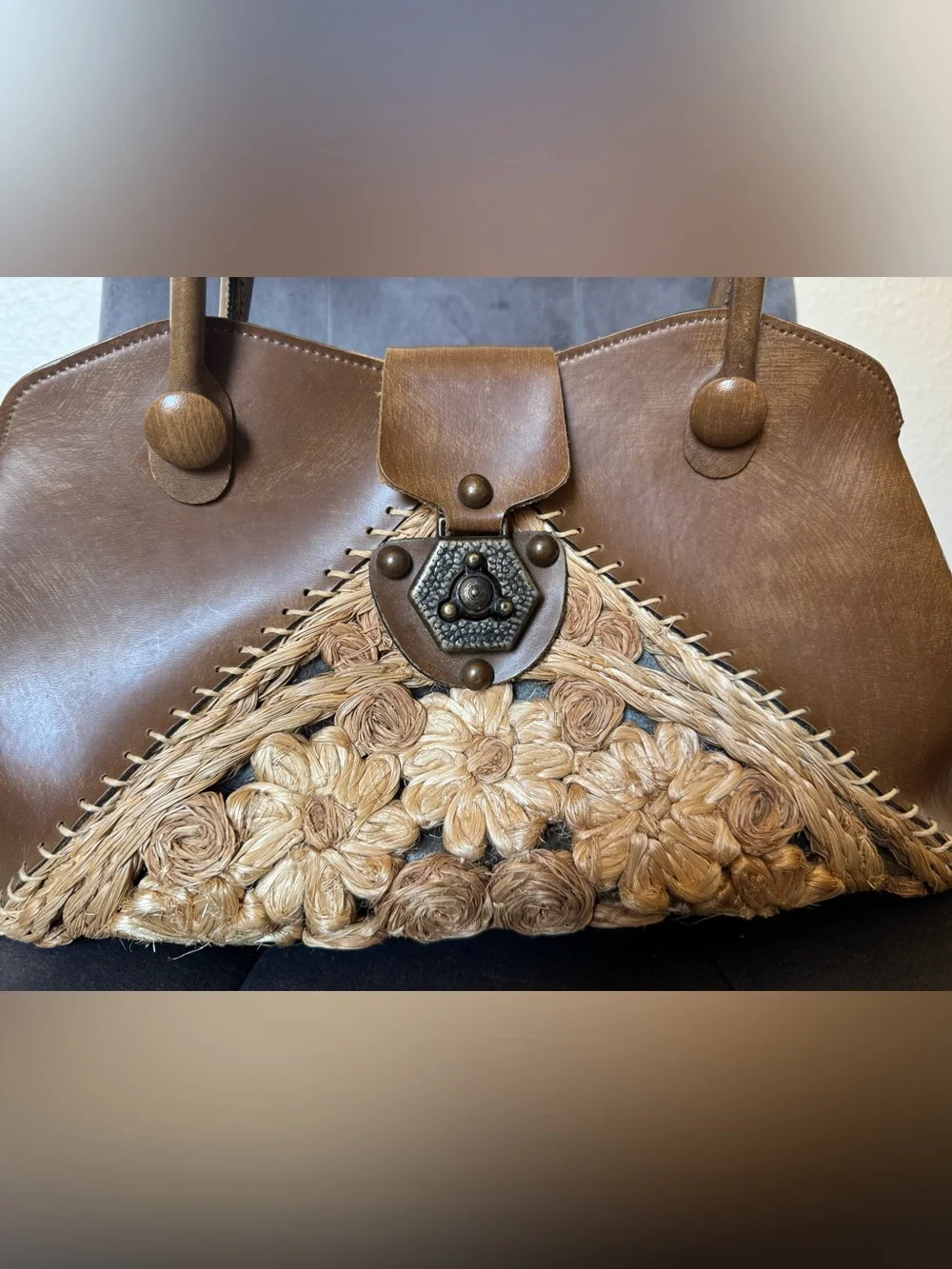 Vintage Rare Mahler California Brown Leather Wood Floral Handbag